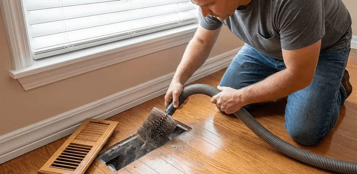 Air duct cleaning technician vacuuming a floor vent and duct opening in Portland, OR