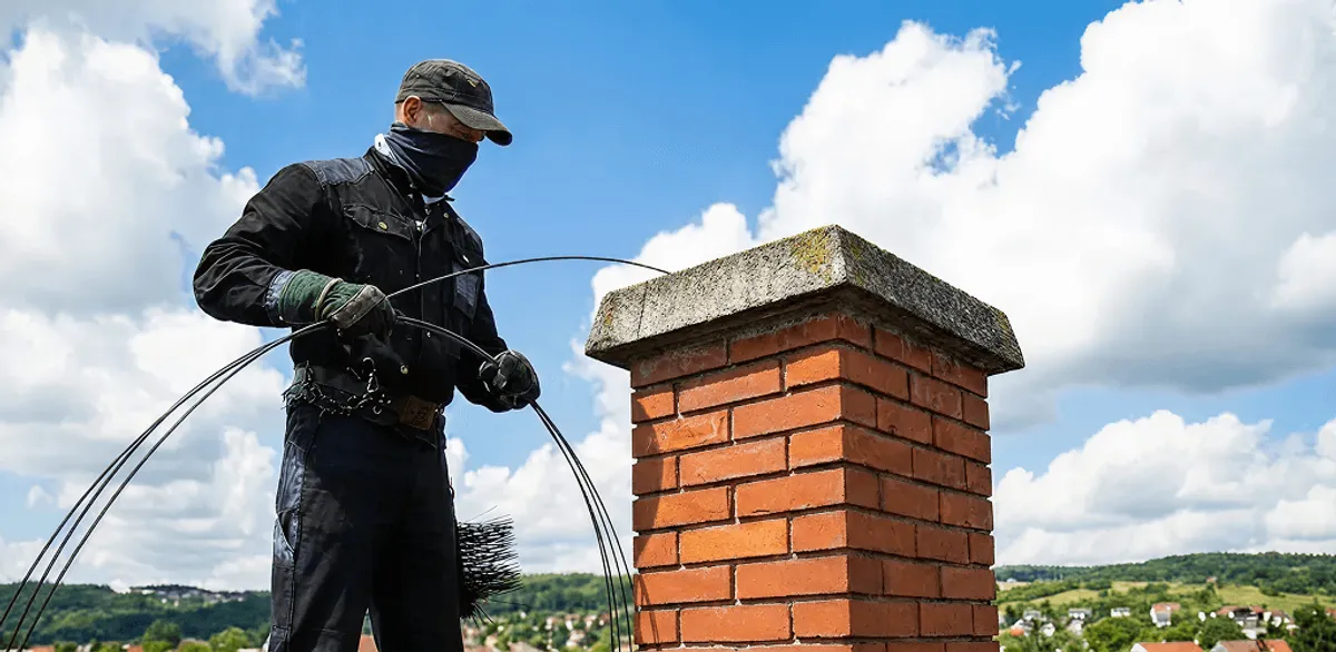 Chimney sweep cleaning a brick chimney with professional tools in Portland, OR