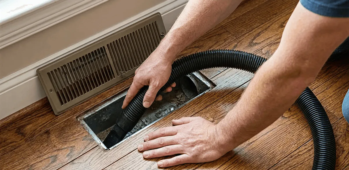 Air duct cleaning technician vacuuming a floor register and duct opening in Portland, OR
