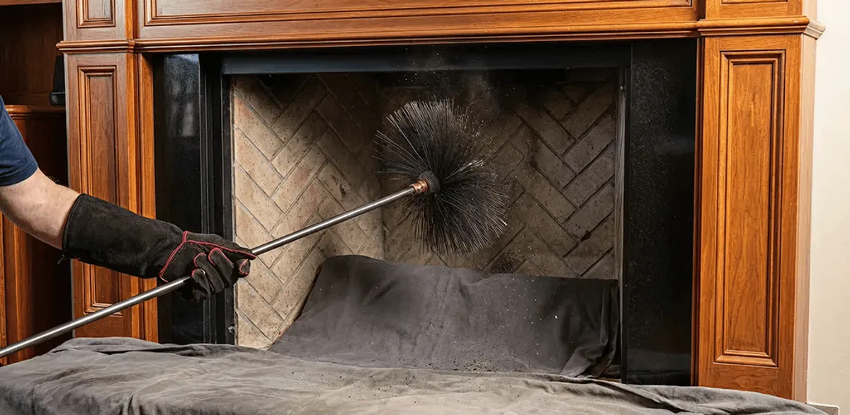 Chimney cleaning service brushing soot from a fireplace and flue in Portland, OR