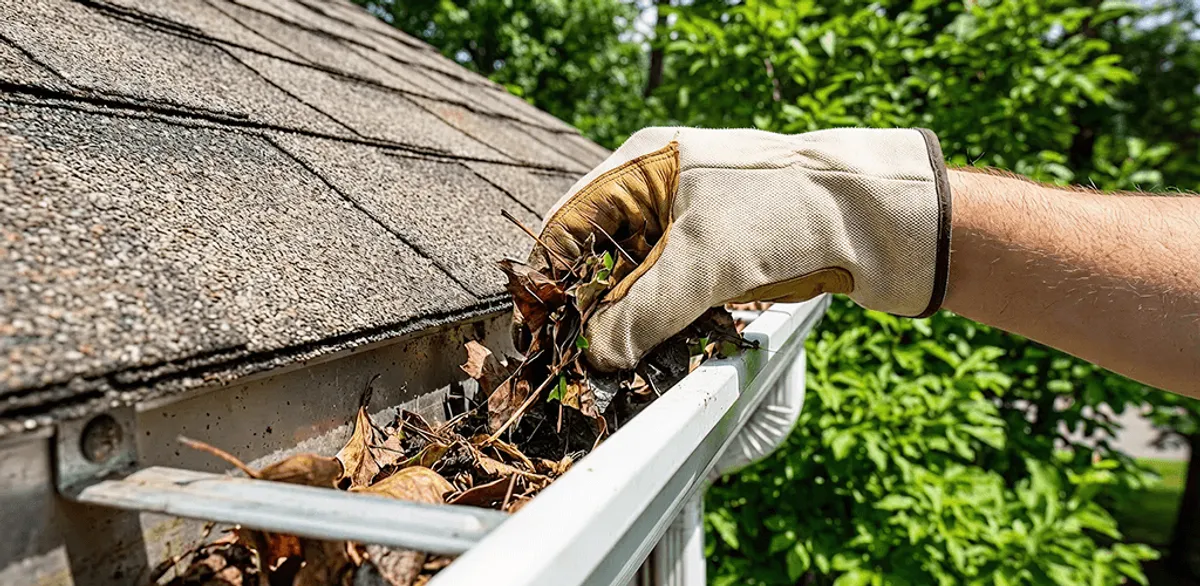 Gutter cleaning removing leaves and debris from roof gutters in Portland, OR