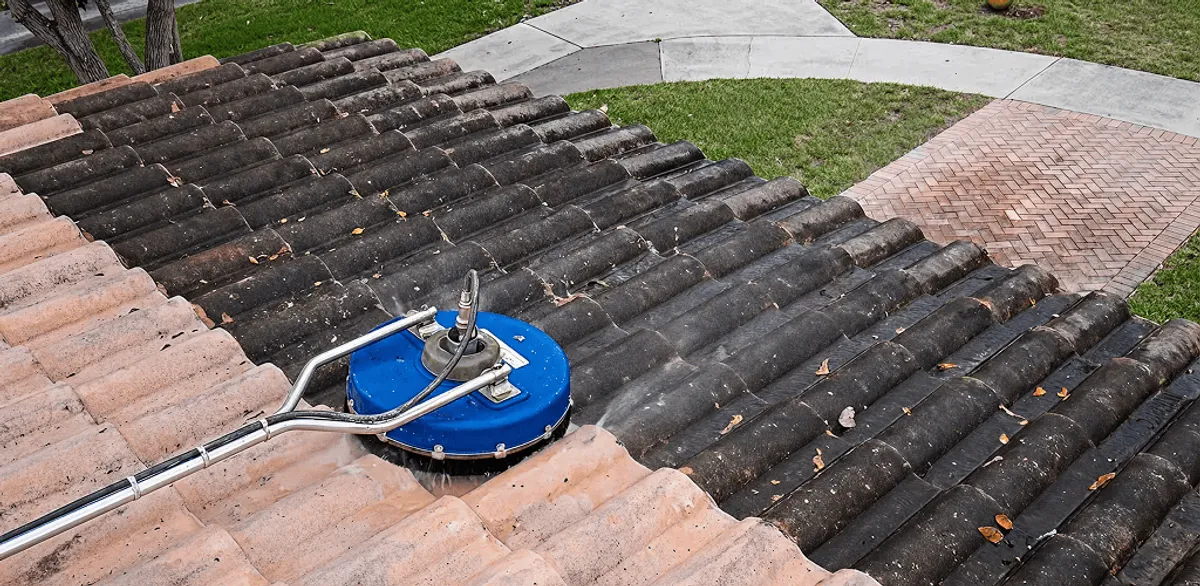 Roof pressure cleaning removing debris and buildup from roof tiles in Portland, OR