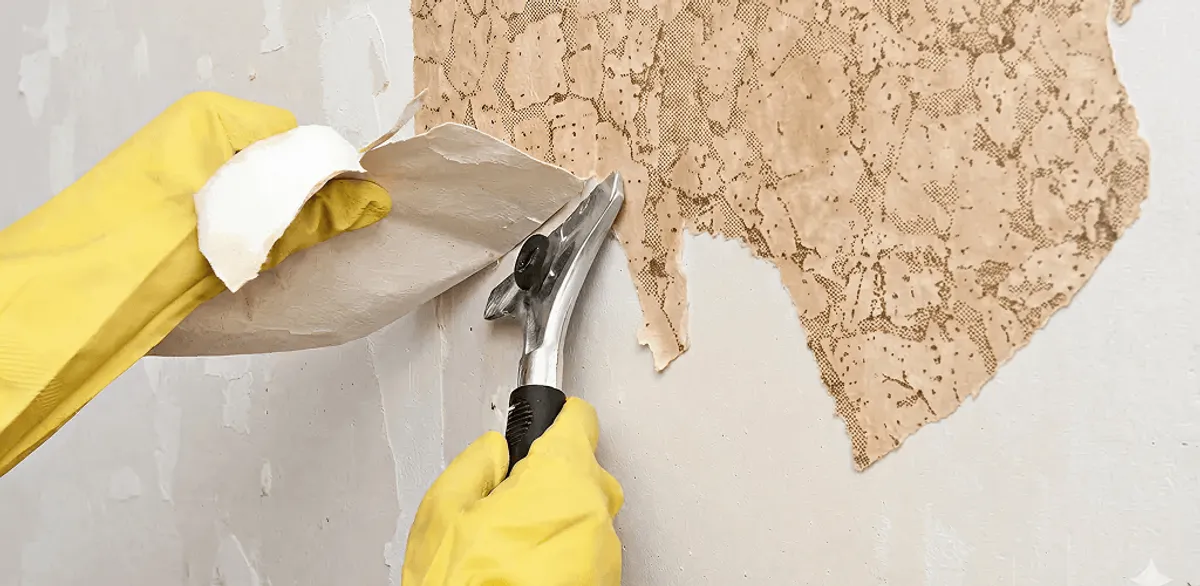 Wallpaper removal service stripping old wallpaper from a wall in Portland, OR