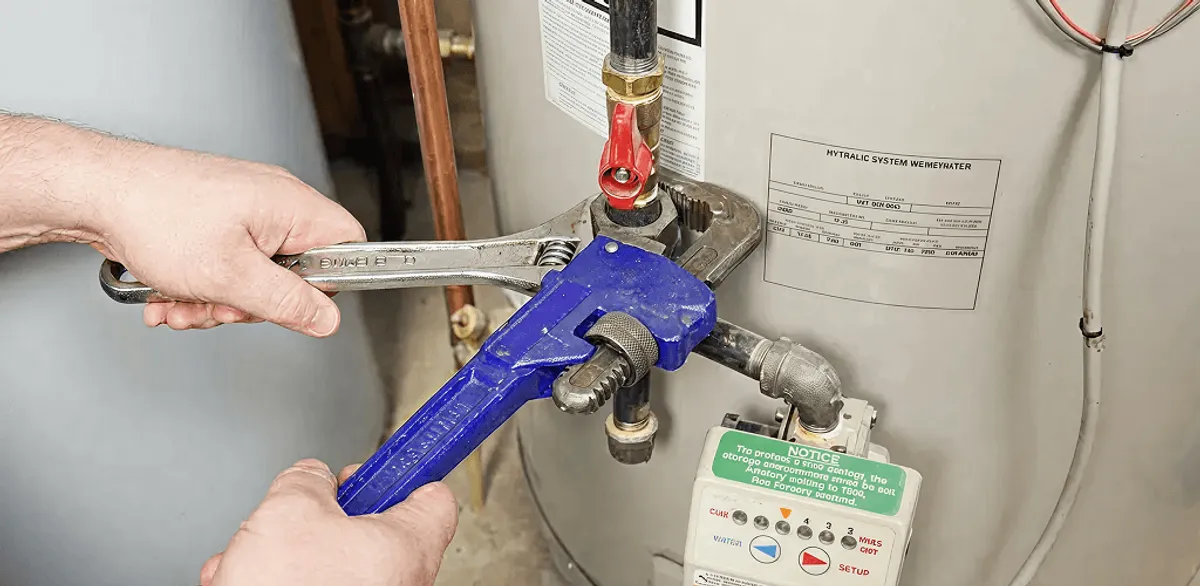 Water heater repair technician tightening the shutoff valve and supply line in Portland, OR