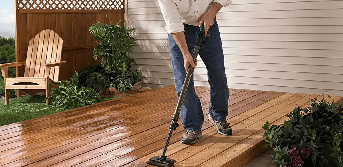 Deck staining service applying stain to a backyard wood deck in Portland, OR